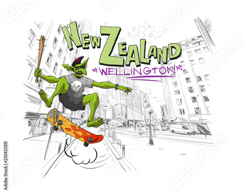 Troll jumps on a skateboard in the city Wellington. New Zealand. Hand drawn city sketch. Fantasy vector illustration. Design fashion printing for clothes.