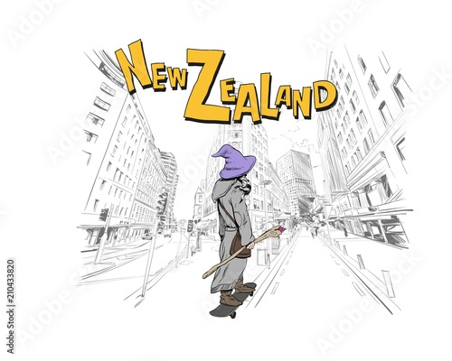 Wizard is riding on skateboard  in the city Wellington. New Zealand. Hand drawn city sketch. Fantasy vector illustration. Design fashion printing for clothes.  