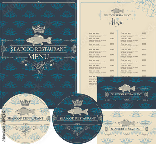 Vector set of design elements for seafood restaurant with fish and crown. Menu, business cards and coasters for drinks in baroque style on ornate background with floral pattern.