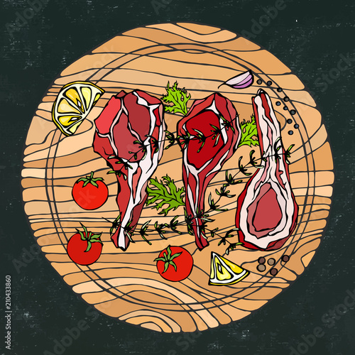 Lamb Ribs Chops with Herbs, Lemon, Tomato, Parsley, Thyme, Pepper. On a Round Wooden Cutting Board. Meat Guide for Butcher Shop or Steak House Restaurant Menu. Hand Drawn Illustration. Doodle Style.
