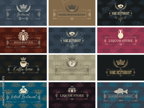 Vector set of business cards on the theme of food and drink for restaurant, seafood restaurant, coffee house, liquor store and pub in baroque style on ornate background with floral pattern.