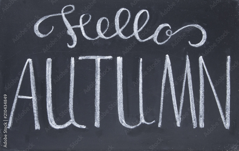Fototapeta premium Hello Autumn white chalk lettering on blackboard. Autumn season on school board. Hello Autumn on chalkboard.