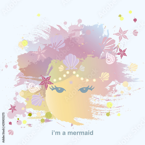 Vector illustration with Mermaid s Sea Shell Crown isolated on  background. Template for Mermaid style party invitation  birthday  greeting card  t-shirt design  warm season poster  women s day.
