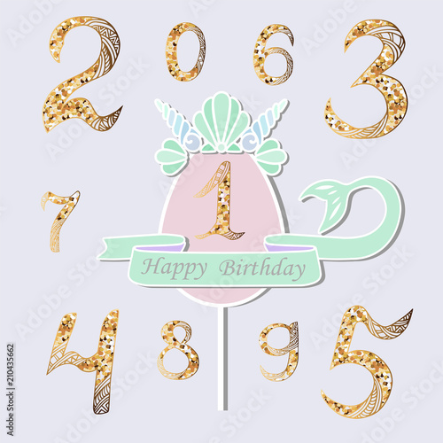 Vector set with number One  Mermaid tail  Sea Shell Crown. Topper or decoration for Mermaid style party  Baby Birthday  invitation  greeting card. Gold Numbers as anniversary logo  patch  sticker