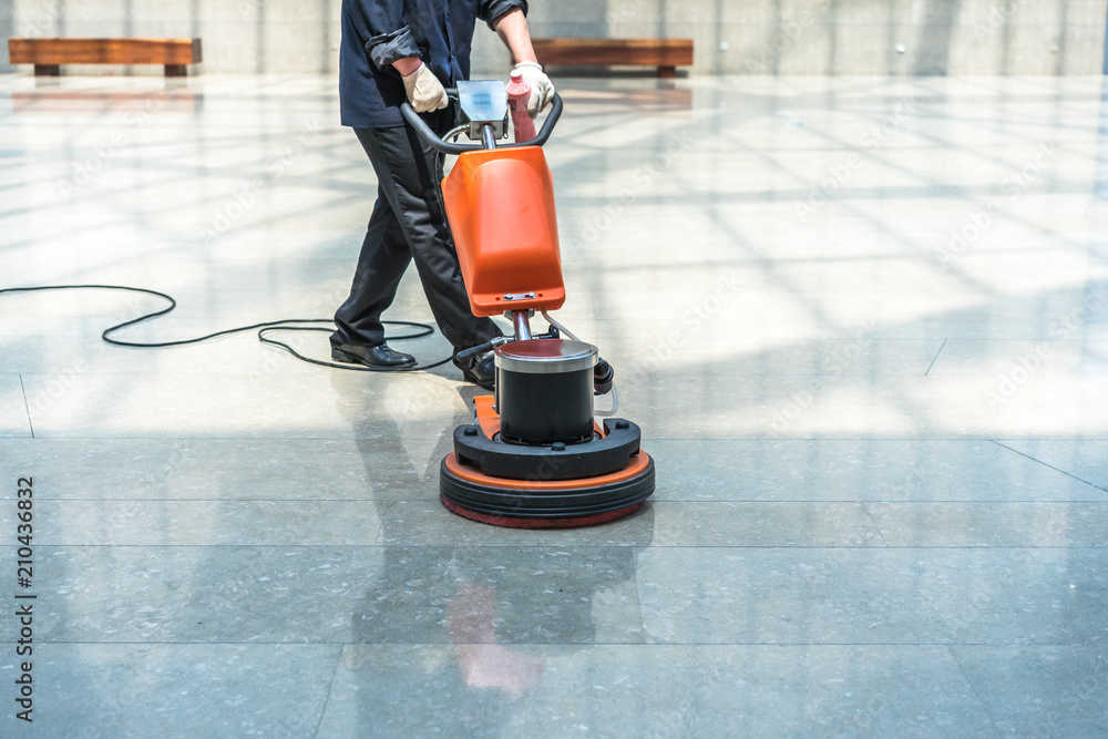 cleaning floor with machine - obrazy, fototapety, plakaty 