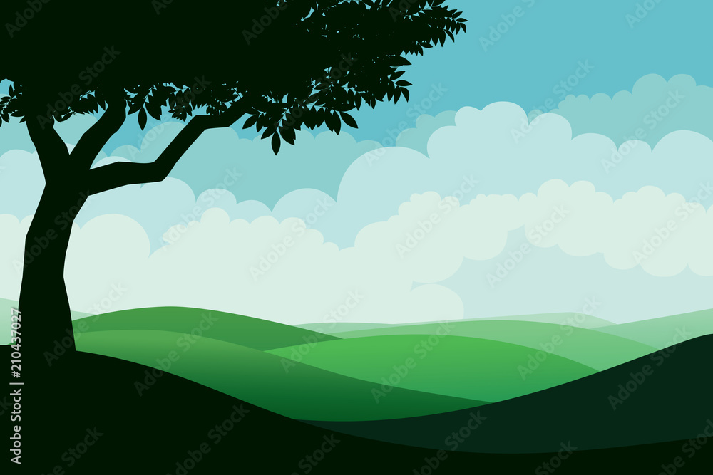 Scenery of forest trees and green mountain landscape. Vector nature background