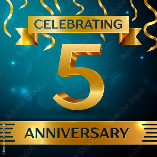 Realistic Five Years Anniversary Celebration Design. Golden confetti and gold ribbon on blue background. Colorful Vector template elements for your birthday party