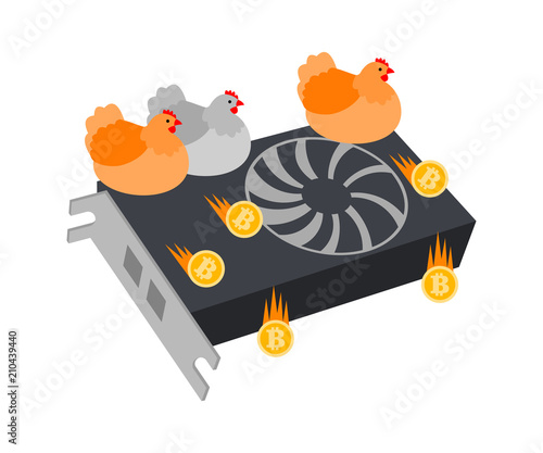 Mining farm and chickens carry bitcoins, illustration. Bitcoin mine and video card for production cryptocurrency and blockchain, vector design and icon
