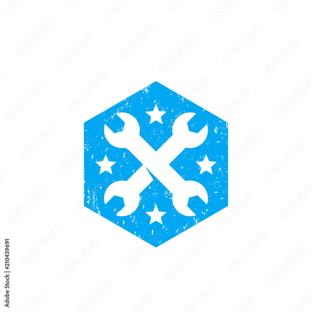 crossed wrenches, tools, repair service vector badge with texture crossed wrenches, tools, repair service vector badge with texture