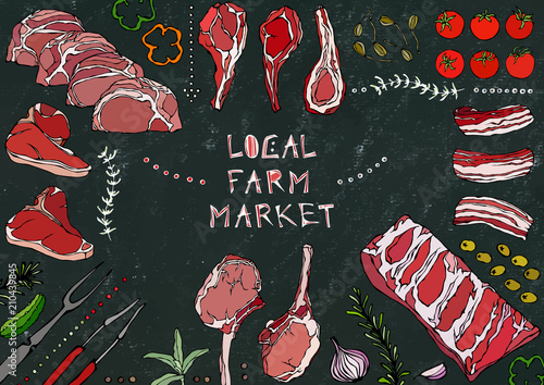 Local Farm Market. Meat Cuts - Beef, Pork, Lamb, Steak, Boneless Rump, Ribs Roast, Loin and Rib Chops. Tomato, Olives, Bell Pepper, Onion,Garlic, Herbs, Fork, Tongs. Black Board Background and Chalk.