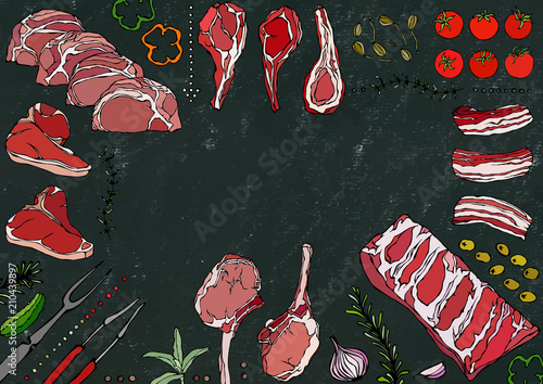 Meat Cuts Assortment - Beef, Pork, Lamb, Steak, Boneless Rump, Ribs Roast, Loin and Rib Chops. Tomato, Olives, Bell Pepper, Onion, Capers, Garlic, Herbs, Fork, Tongs. Black Board Background and Chalk.