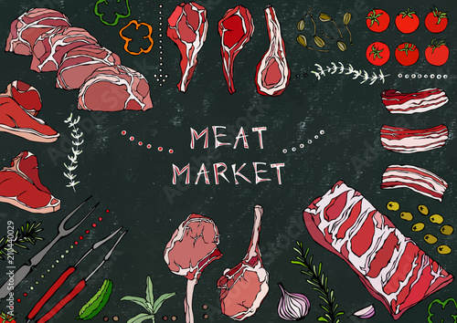 Meat Market. Meat Cuts - Beef, Pork, Lamb, Steak, Boneless Rump, Ribs Roast, Loin and Rib Chops. Tomato, Olives, Bell Pepper, Onion,Garlic, Herbs, Fork, Tongs. Black Board Background and Chalk.