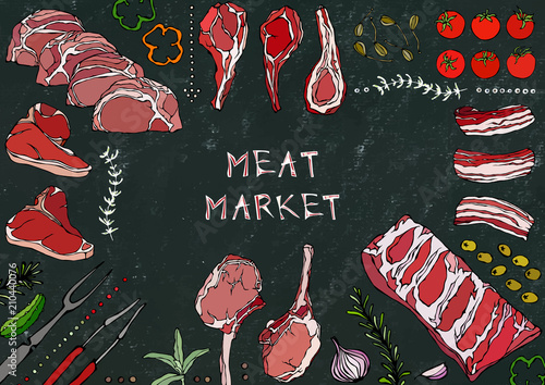 Meat Market. Meat Cuts - Beef, Pork, Lamb, Steak, Boneless Rump, Ribs Roast, Loin and Rib Chops. Tomato, Olives, Bell Pepper, Onion,Garlic, Herbs, Fork, Tongs. Black Board Background and Chalk.