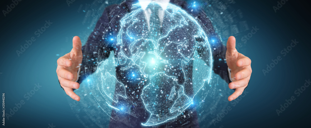 Businessman using globe network hologram with America Usa map 3D rendering Businessman using globe network hologram with America Usa map 3D rendering