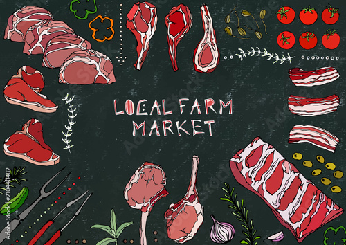 Local Farm Market. Meat Cuts - Beef, Pork, Lamb, Steak, Boneless Rump, Ribs Roast, Loin and Rib Chops. Tomato, Olives, Bell Pepper, Onion,Garlic, Herbs, Fork, Tongs. Black Board Background and Chalk.