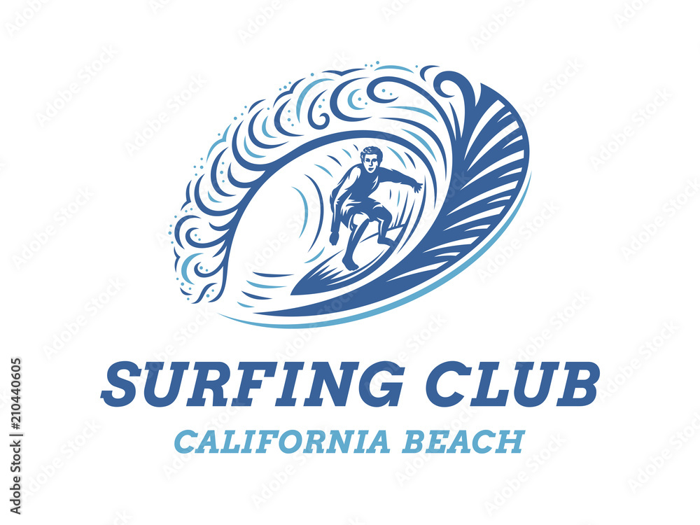 Surfing club emblem - surfer is riding inside the wave - logo design, illustration template.