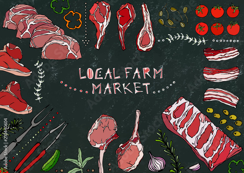 Local Farm Market. Meat Cuts - Beef, Pork, Lamb, Steak, Boneless Rump, Ribs Roast, Loin and Rib Chops. Tomato, Olives, Bell Pepper, Onion,Garlic, Herbs, Fork, Tongs. Black Board Background and Chalk.