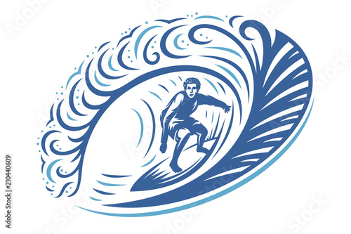 Surfing illustration - surfer is riding inside the wave. Template for t-shirt, apparel, cover, camp, banner or your art works.