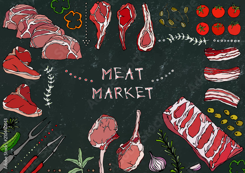 Meat Market. Meat Cuts - Beef, Pork, Lamb, Steak, Boneless Rump, Ribs Roast, Loin and Rib Chops. Tomato, Olives, Bell Pepper, Onion,Garlic, Herbs, Fork, Tongs. Black Board Background and Chalk.
