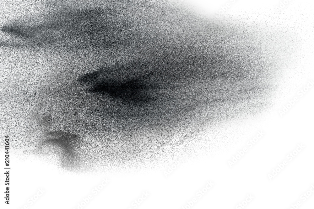 Black particles splatter on white background. Black dust splash on white background. Black particles splatter on white background. Black dust splash on white background.