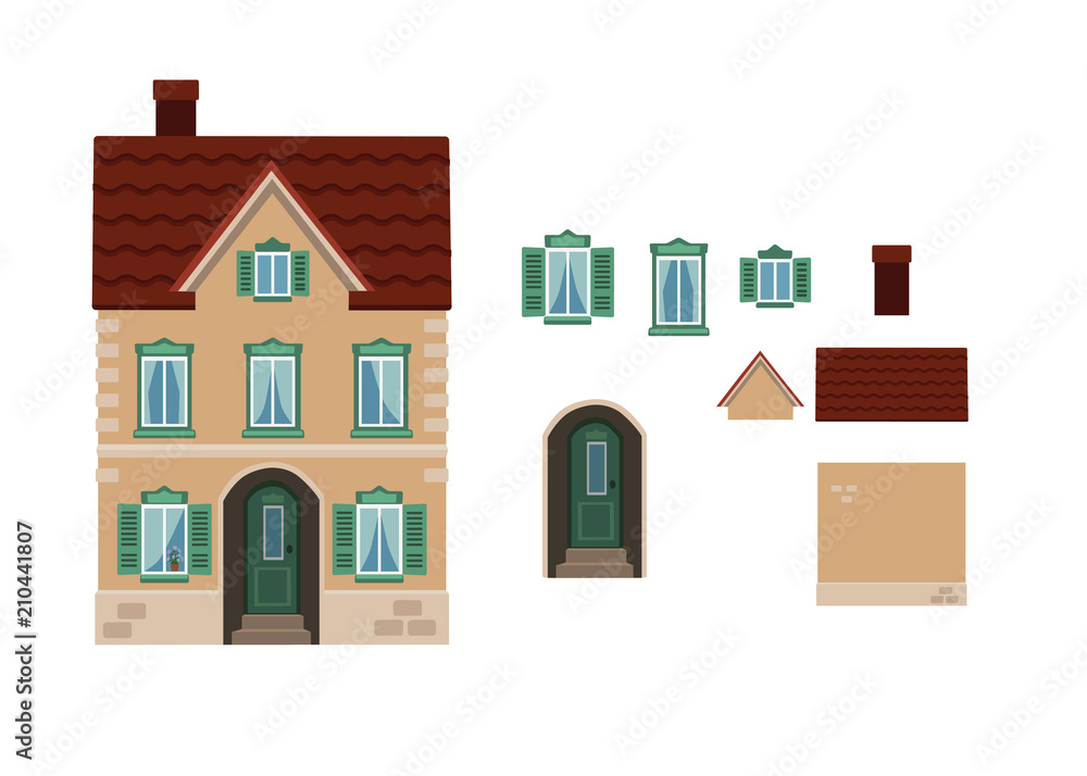 Cartoon house Shutter House l with separate elements isolated on white background Cartoon house Shutter House l with separate elements isolated on white background