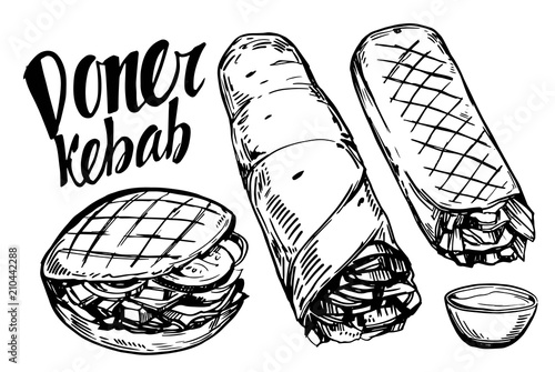 Doner kebab. Hand drawn sketch converted to vector