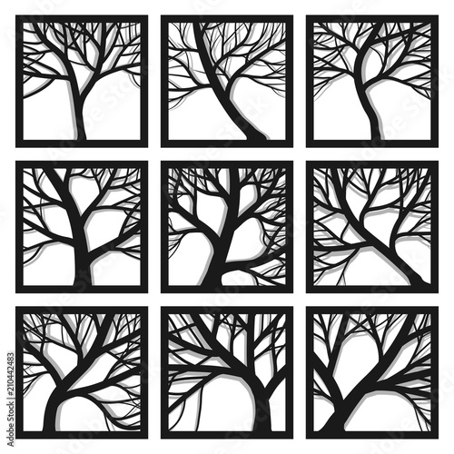 Abstract square icons framed trunk trees with branches.