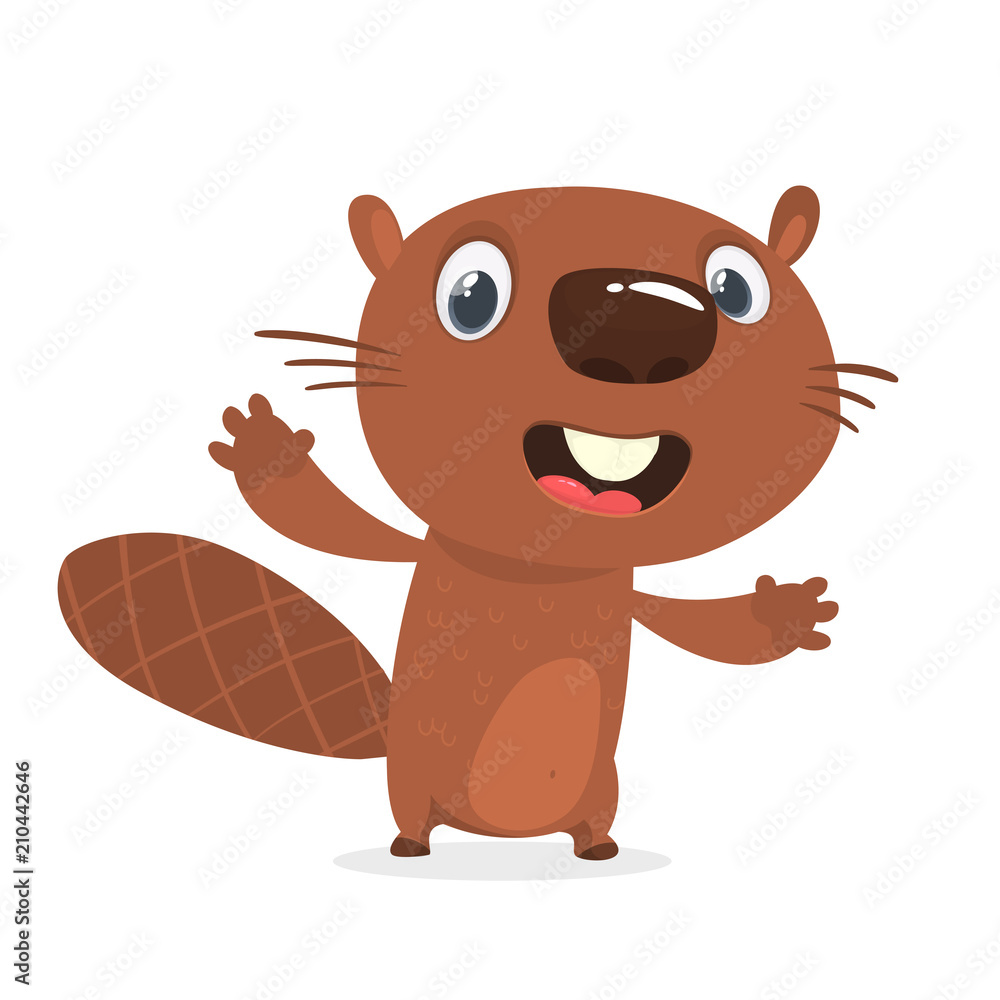Fototapeta premium Excited cartoon beaver laughing. Brown beaver character. Vector illustration clip art