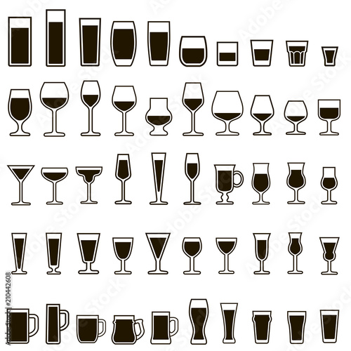 50 icons of wine glasses, glasses, beer mugs