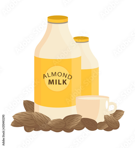 Almond milk with cup illustration in flat style. Vector illustration design.