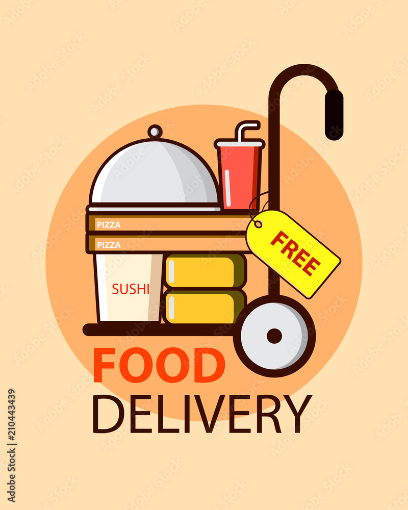 Free food delivery service in flat style with food boxes, pizza and sushi. Vector illustration design. Free food delivery service in flat style with food boxes, pizza and sushi. Vector illustration design.
