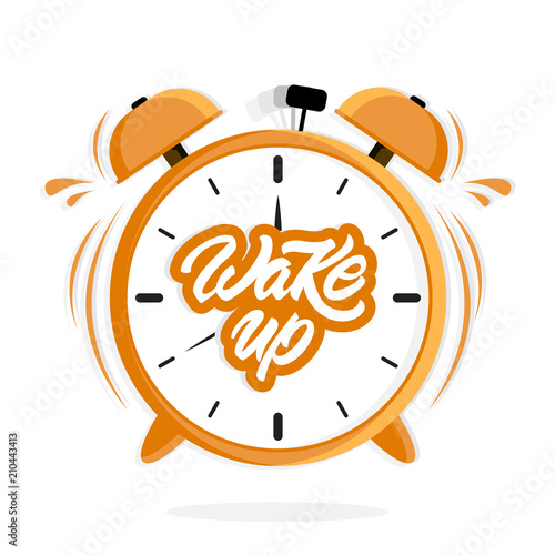 Alarm clock with Wake up text in lettering style. Ringing clock. Vector illustration design.