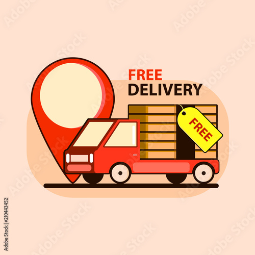 Free delivery concept illustration in flat style. Car with big point. Vector illustration design.