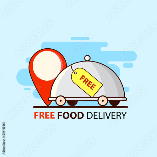 Free service. Free food delivery in flat style with restaurant food and point. Vector illustration design.