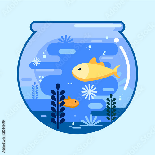 Fish bowl with gold fish in flat style. Round glass aquarium. Vector illustration design.