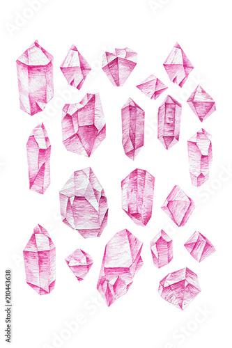 Сrystals set. Watercolor hand drawn crystals decorative elements for design. Christmas decoration, frozen crystals, can be used as print, postcard, invitation, greeting card, packaging , textile.