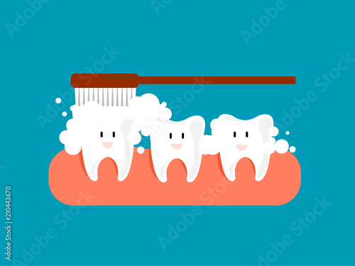 Fun cartoon concept with wash teeth with toothbrush. Vector illustration design.