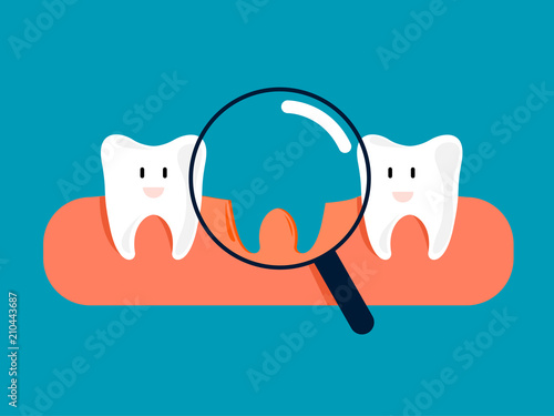 Fun concept about missing tooth. Looking for a tooth with a magnifying glass . Cartoon style. Vector illustration design.