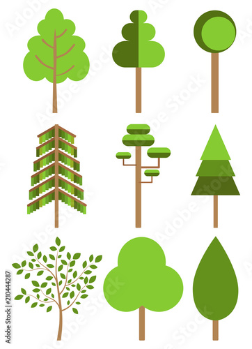 Origami tree template icons in green colors, paper flat trees isolated on white silhouette