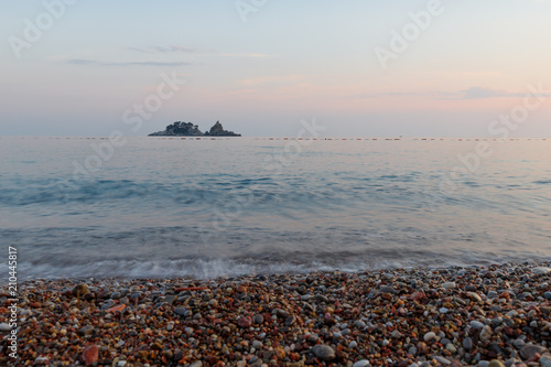 sea, sunset, beach, water, ocean, sky, coast, island, landscape, clouds, sun, nature, bay, blue, lake, evening, summer, boat, travel, shore, rocks, cloud, vacation, ship, montenegro, petrovac