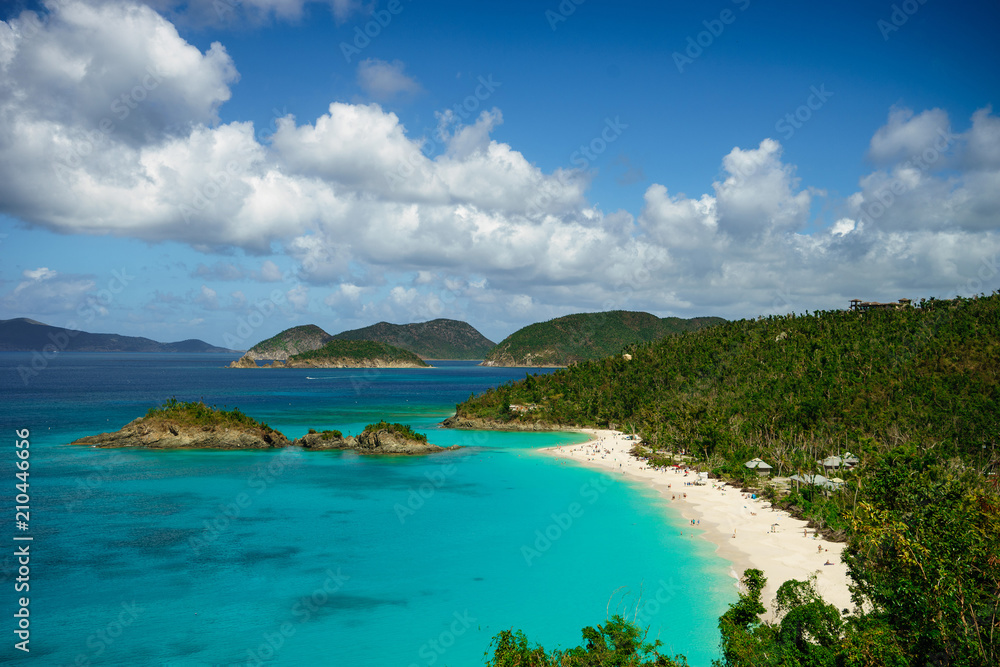 Naklejka premium Beautiful bay in island with beach and green hills, St. John US Virgin Islands