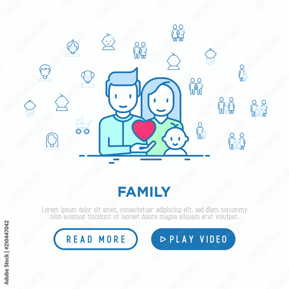 Family concept: young couple with newborn. Thin line icons: mother, father, son, daughter, lesbian, gay, single mother and child, grandmother, grandfather. Vector illustration, web page template. Family concept: young couple with newborn. Thin line icons: mother, father, son, daughter, lesbian, gay, single mother and child, grandmother, grandfather. Vector illustration, web page template.