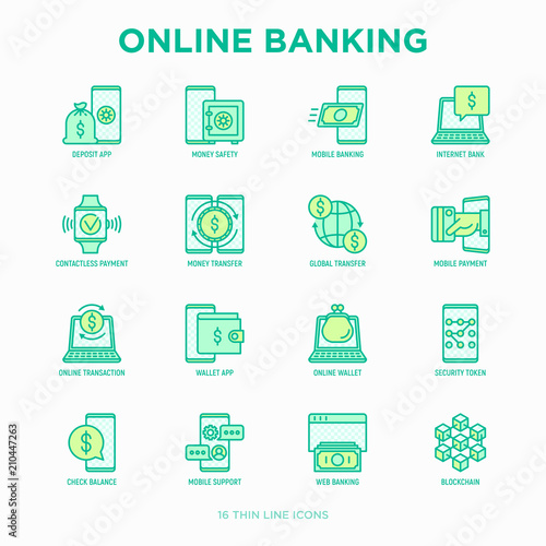Online banking thin line icons set: deposit app, money safety, internet bank, contactless payment, credit card, online transaction, check balance, mobile support, blockchain. Vector illustration.