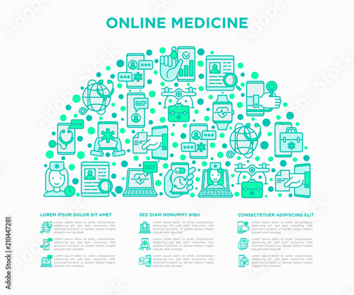 Online medicine, telemedicine concept in half circle with thin line icons: pill timer, ambulance online, medical drone, tracker, mHealth, mobile consultant. Vector illustration, web page template.