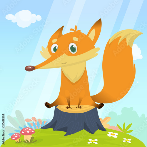 Cartoon fox character. Vector illustration of fox isolated on colorful forest background with flowers and mushrooms on the meadow and sky