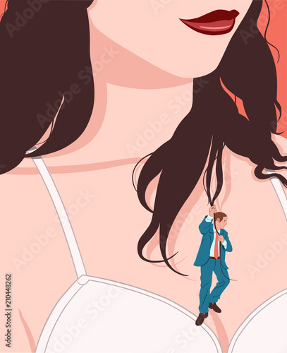 Conceptual illustration of man who explores the female world descending by means of a lock of hair like a speleologist
