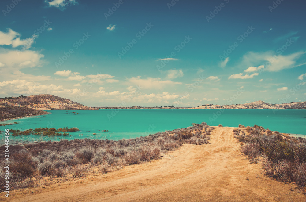 View of the road to the mountain lake in Spain in the style of the Instagram View of the road to the mountain lake in Spain in the style of the Instagram
