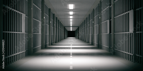 Obraz na plátně Prison interior. Jail cells, dark background. 3d illustration