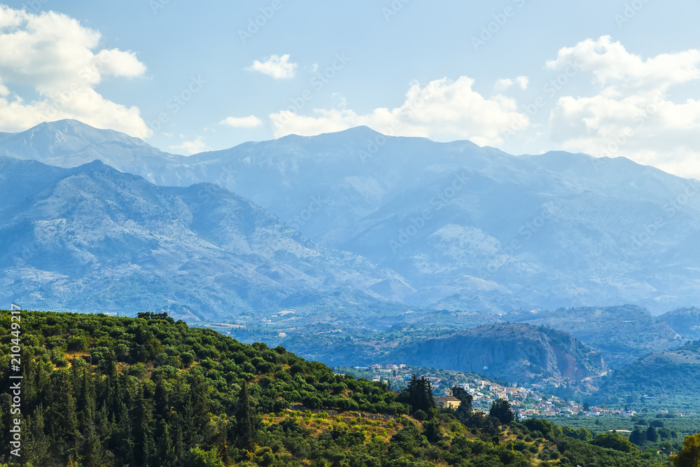 Green hills and mountains on the Greek island of Crete in Chania region on a beautiful sunny day