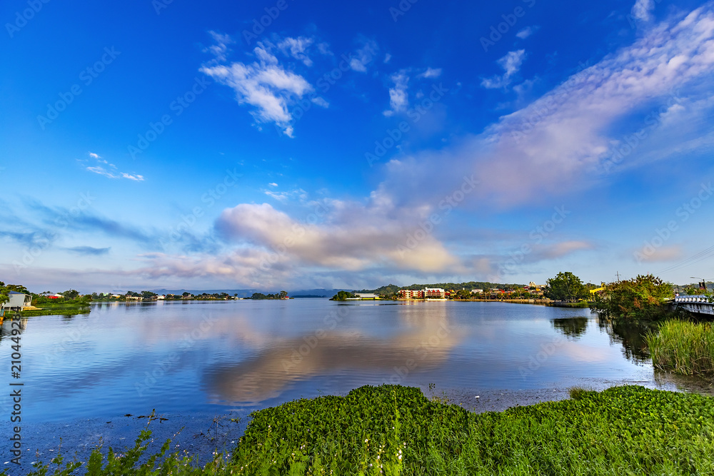 Guatemala. Flores, El Peten. Panoramic view of Peten Itza Lake and Flores Island, where is located the old part of the city